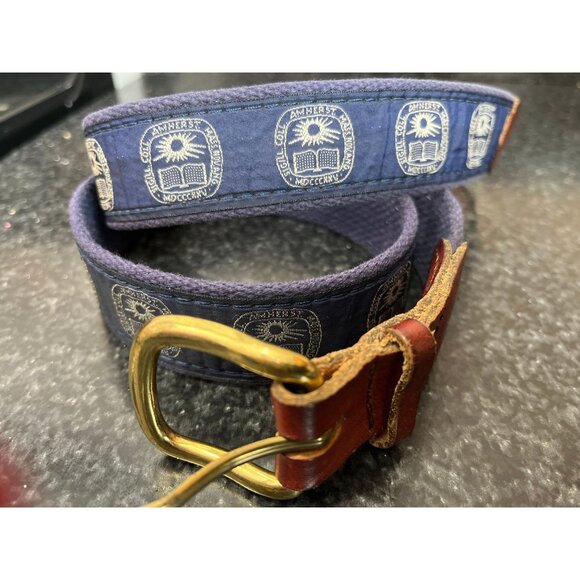 Vintage 1980s Amherst College Belt Leather & Cloth Solid Brass Buckle Adjustable - Picture 4 of 9